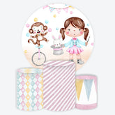 Aperturee - Aperturee Whimsical Circus Theme Round Backdrop Kit with Cute Girl Ringmaster Monkey and Bunny for Baby Shower Birthday Party