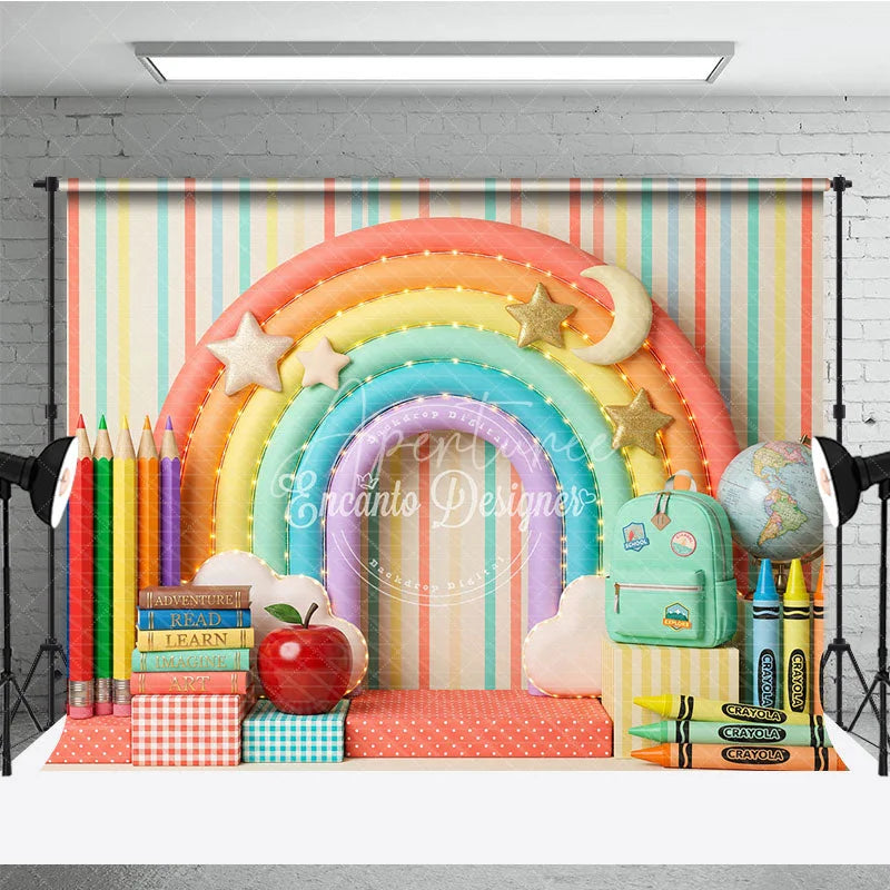 Aperturee - Aperturee Whimsical Colorful Rainbow School Photography Backdrop with Books Pencils and Globe for Back to School Party