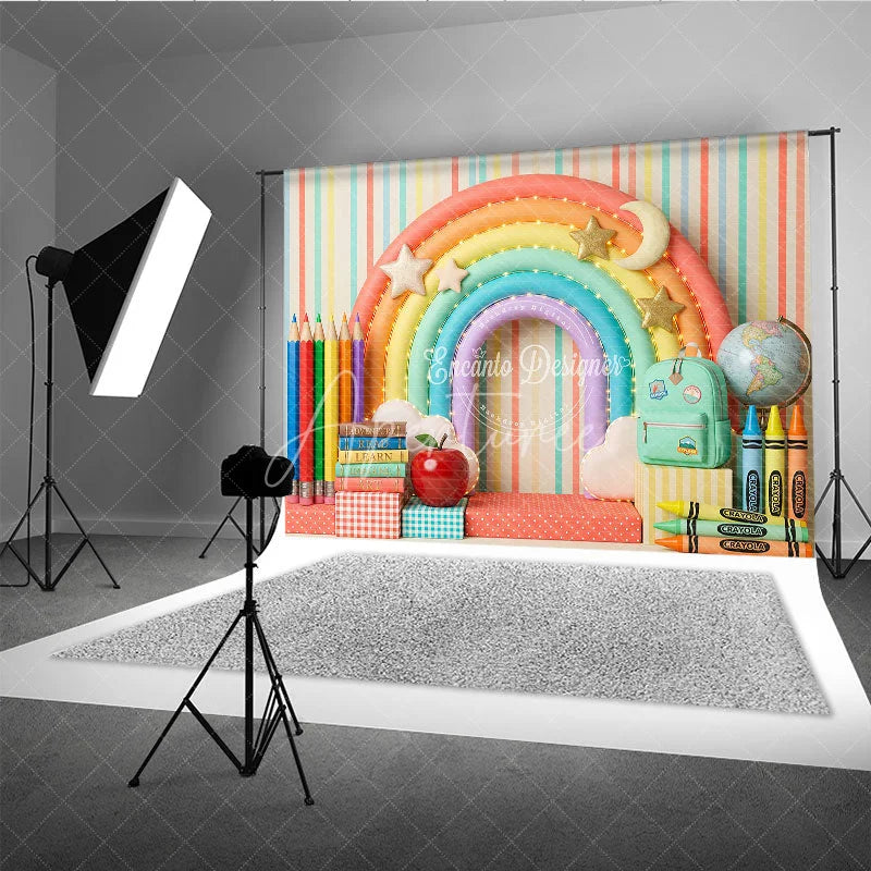 Aperturee - Aperturee Whimsical Colorful Rainbow School Photography Backdrop with Books Pencils and Globe for Back to School Party