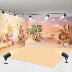 Aperturee - Aperturee Whimsical Desert Sunset Room Set Backdrop with Sun Clouds Moon Stars Hot Air Balloons Baby Kids Photography