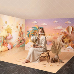 Aperturee - Aperturee Whimsical Desert Sunset Room Set Backdrop with Sun Clouds Moon Stars Hot Air Balloons Baby Kids Photography