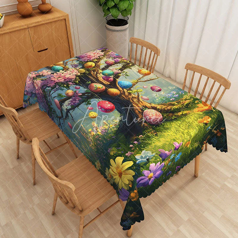 Aperturee - Aperturee Whimsical Easter Egg Tree Rectangle Tablecloth Pink Flower Blue Sky Table Cover Spring Holiday Party Decor