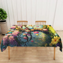 Aperturee - Aperturee Whimsical Easter Egg Tree Rectangle Tablecloth Pink Flower Blue Sky Table Cover Spring Holiday Party Decor