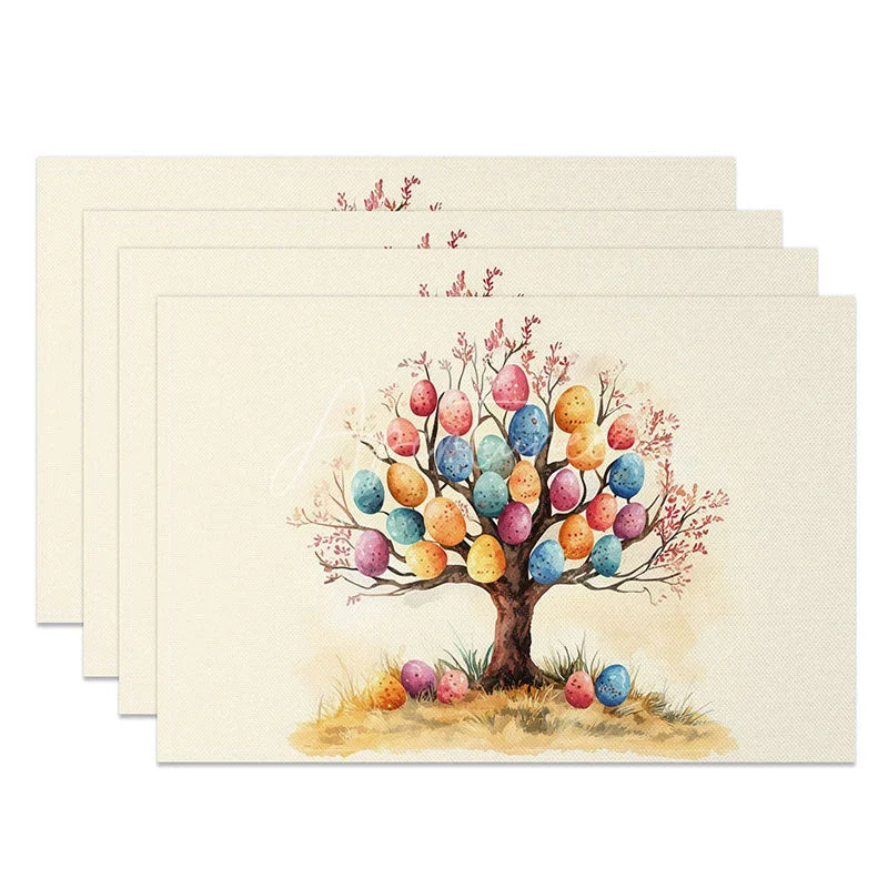 Aperturee - Aperturee Whimsical Easter Egg Tree Set of 4 Placemats Hanging Colorful Eggs Table Mats Spring Creative Dining Decor