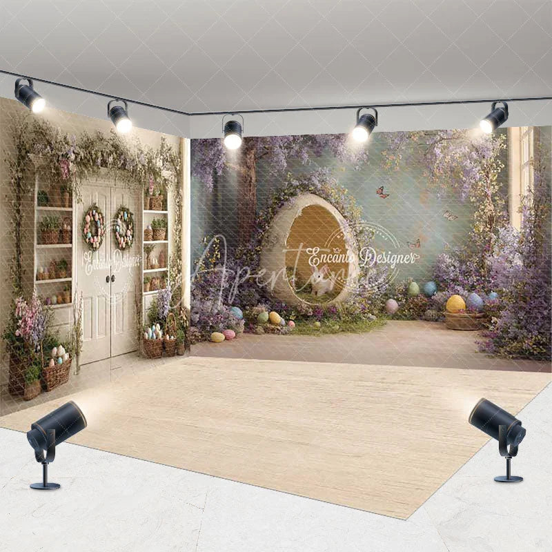 Aperturee - Aperturee Whimsical Easter Room Set Backdrop with Bunny in Egg Purple Wisteria and Floral Garlands for Spring Party