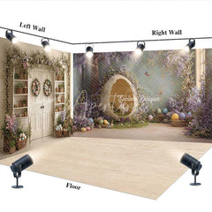 Aperturee - Aperturee Whimsical Easter Room Set Backdrop with Bunny in Egg Purple Wisteria and Floral Garlands for Spring Party