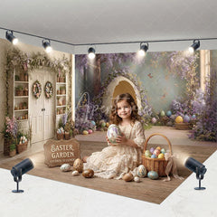 Aperturee - Aperturee Whimsical Easter Room Set Backdrop with Bunny in Egg Purple Wisteria and Floral Garlands for Spring Party