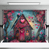 Aperturee - Aperturee Whimsical Fairytale House Photography Backdrop with Pink and Red Hearts Enchanted Forest Romantic Celebration Decor