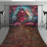 Aperturee - Aperturee Whimsical Fairytale House with Pink Hearts and Flowers Sweep Backdrop Romantic Valentine’s Day Love Celebration
