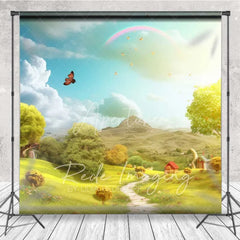 Aperturee - Aperturee Whimsical Fairytale Scenery Backdrop Green Hills Path Rainbow Butterfly Sunny Sky Photo Studio