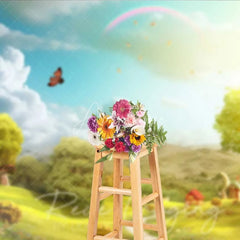 Aperturee - Aperturee Whimsical Fairytale Scenery Backdrop Green Hills Path Rainbow Butterfly Sunny Sky Photo Studio