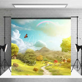 Aperturee - Aperturee Whimsical Fairytale Scenery Backdrop Green Hills Path Rainbow Butterfly Sunny Sky Photo Studio