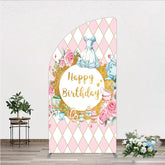 Aperturee - Aperturee Whimsical Fairytale Tea Party Half Moon Arch Backdrop with Pink Diamond Gold Glitter Happy Birthday Celebration