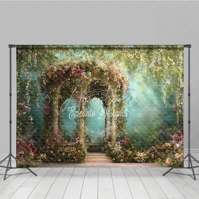 Aperturee - Aperturee Whimsical Floral Garden Gazebo Photography Backdrop Lush Greenery and Romantic Archway for Wedding Party Decor
