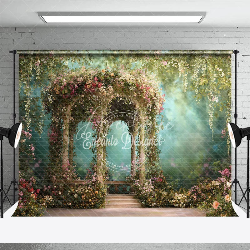 Aperturee - Aperturee Whimsical Floral Garden Gazebo Photography Backdrop Lush Greenery and Romantic Archway for Wedding Party Decor