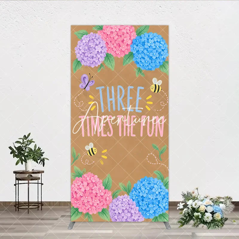 Aperturee - Aperturee Whimsical Floral Hydrangea Butterfly Bee Rectangle Arch Backdrop Three Times the Fun Birthday Decor