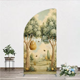 Aperturee - Aperturee Whimsical Forest Beehive and Flying Bees Half Moon Arch Backdrop Watercolor Nature Scene for Baby Shower Birthday
