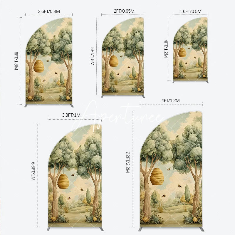 Aperturee - Aperturee Whimsical Forest Beehive and Flying Bees Half Moon Arch Backdrop Watercolor Nature Scene for Baby Shower Birthday