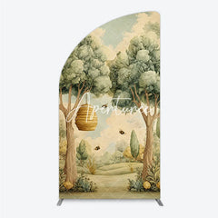 Aperturee - Aperturee Whimsical Forest Beehive and Flying Bees Half Moon Arch Backdrop Watercolor Nature Scene for Baby Shower Birthday