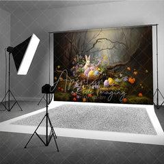 Aperturee - Aperturee Whimsical Forest Bunny Easter Photography Backdrop Spring Flowers and Eggs Studio Background