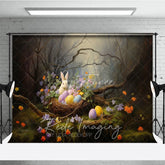 Aperturee - Aperturee Whimsical Forest Bunny Easter Photography Backdrop Spring Flowers and Eggs Studio Background