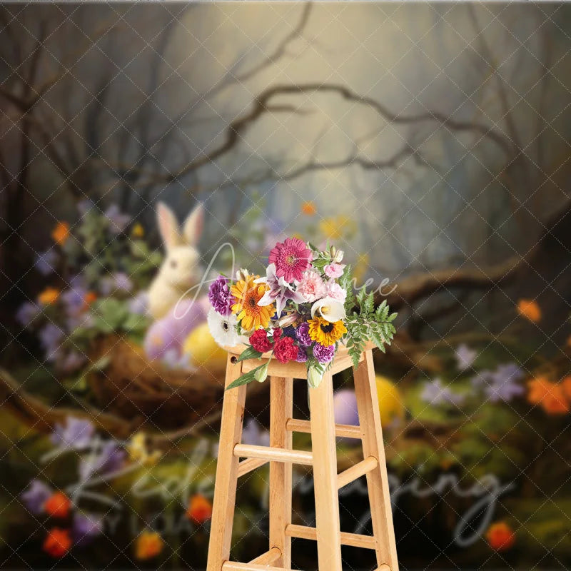 Aperturee - Aperturee Whimsical Forest Bunny Easter Photography Backdrop Spring Flowers and Eggs Studio Background