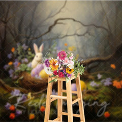 Aperturee - Aperturee Whimsical Forest Bunny Easter Photography Backdrop Spring Flowers and Eggs Studio Background