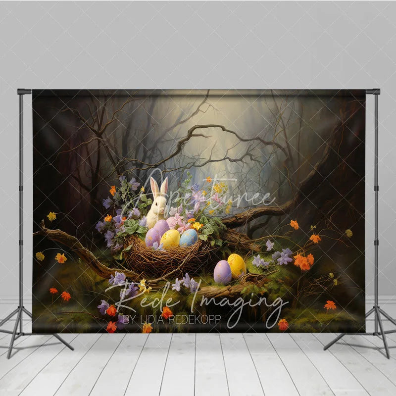Aperturee - Aperturee Whimsical Forest Bunny Easter Photography Backdrop Spring Flowers and Eggs Studio Background
