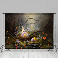 Aperturee - Aperturee Whimsical Forest Bunny Easter Photography Backdrop Spring Flowers and Eggs Studio Background