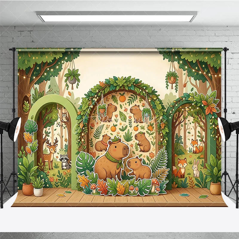 Aperturee - Aperturee Whimsical Forest Capybara Photography Backdrop with Cartoon Animals Trees and String Lights for Kids Birthday Party