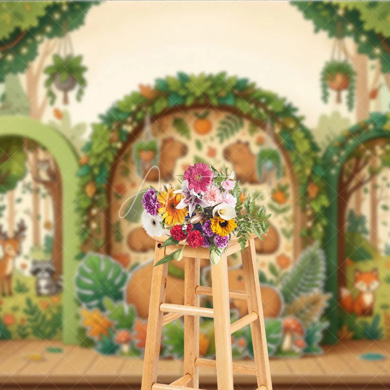 Aperturee - Aperturee Whimsical Forest Capybara Photography Backdrop with Cartoon Animals Trees and String Lights for Kids Birthday Party