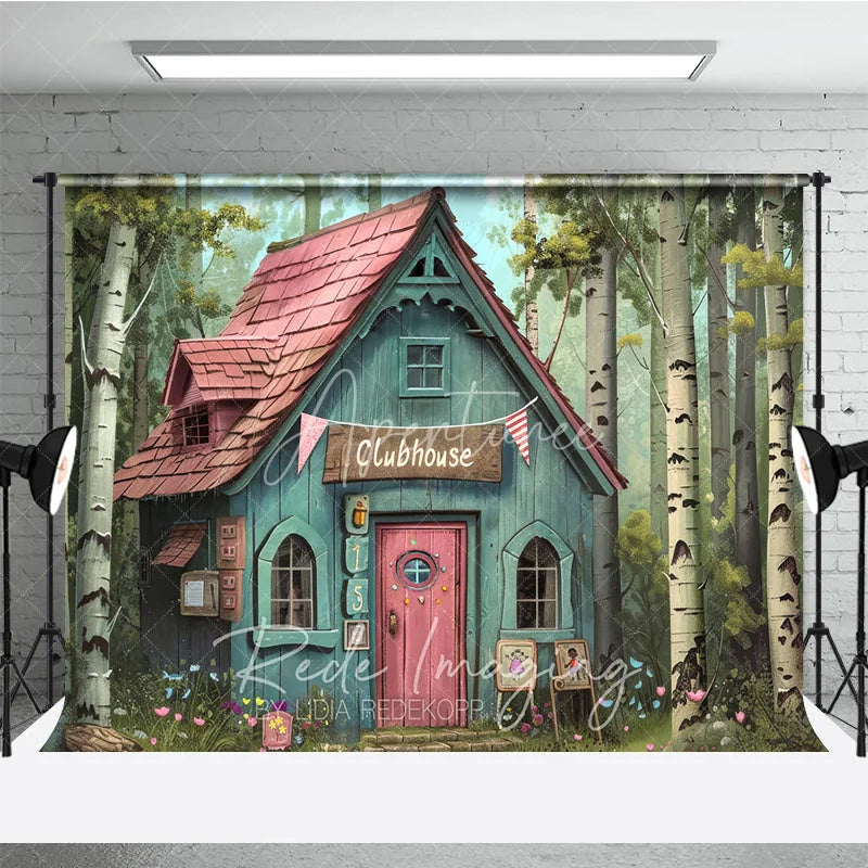 Aperturee - Aperturee Whimsical Forest Clubhouse Photography Backdrop Fairy Tale Blue Cabin and Birch Trees Studio Background