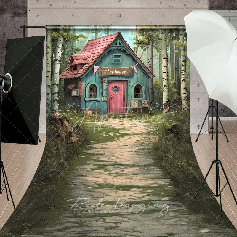 Aperturee - Aperturee Whimsical Forest Clubhouse Photography Backdrop Fairy Tale Blue Cabin Stone Path Sweep Studio Background
