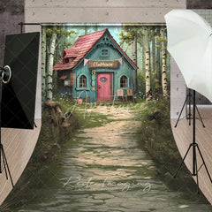 Aperturee - Aperturee Whimsical Forest Clubhouse Photography Backdrop Fairy Tale Blue Cabin Stone Path Sweep Studio Background