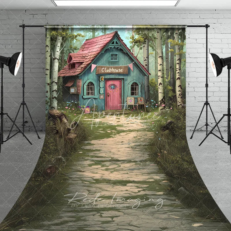 Aperturee - Aperturee Whimsical Forest Clubhouse Photography Backdrop Fairy Tale Blue Cabin Stone Path Sweep Studio Background