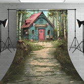 Aperturee - Aperturee Whimsical Forest Clubhouse Photography Backdrop Fairy Tale Blue Cabin Stone Path Sweep Studio Background