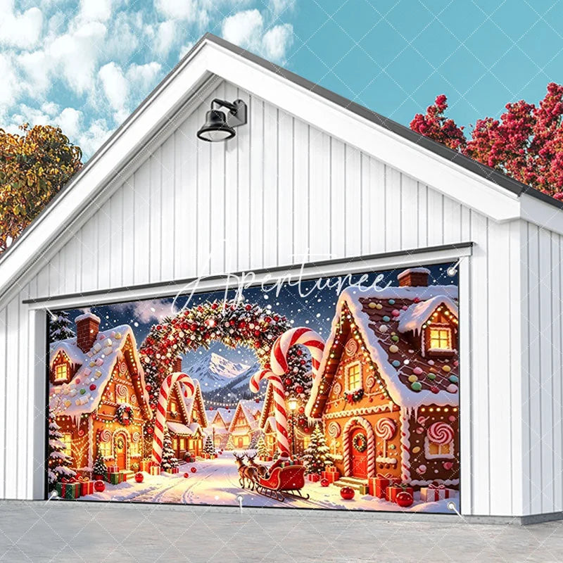 Aperturee - Aperturee Whimsical Gingerbread Christmas Village Garage Door Banner Santa Reindeer Festive Lights Decor