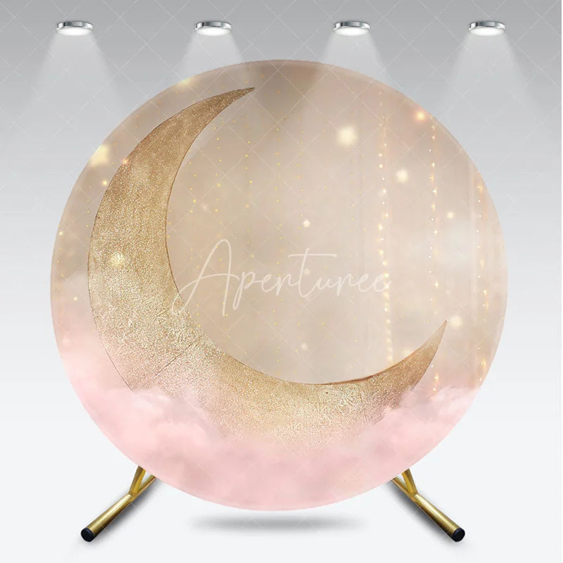Aperturee - Aperturee Whimsical Golden Crescent Moon and Pink Clouds Round Backdrop Sparkling Stars Baby Shower or Birthday Party Decor