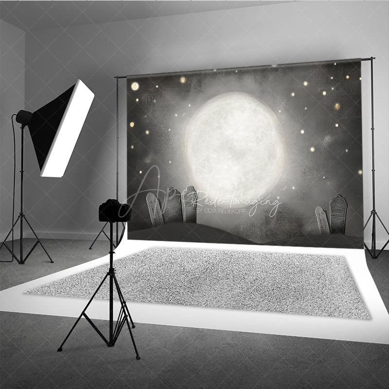 Aperturee - Aperturee Whimsical Graveyard Photography Backdrop Painterly Full Moon and Tombstones Starry Halloween Night Background