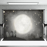 Aperturee - Aperturee Whimsical Graveyard Photography Backdrop Painterly Full Moon and Tombstones Starry Halloween Night Background