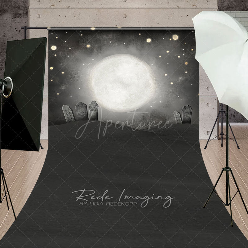 Aperturee - Aperturee Whimsical Graveyard Sweep Backdrop Painterly Full Moon and Tombstones Starry Halloween Night Photo Floor Drop