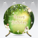 Aperturee - Aperturee Whimsical Green Enchanted Forest Fairy Happy Birthday Round Backdrop with Glowing Lights Magical Party Decor