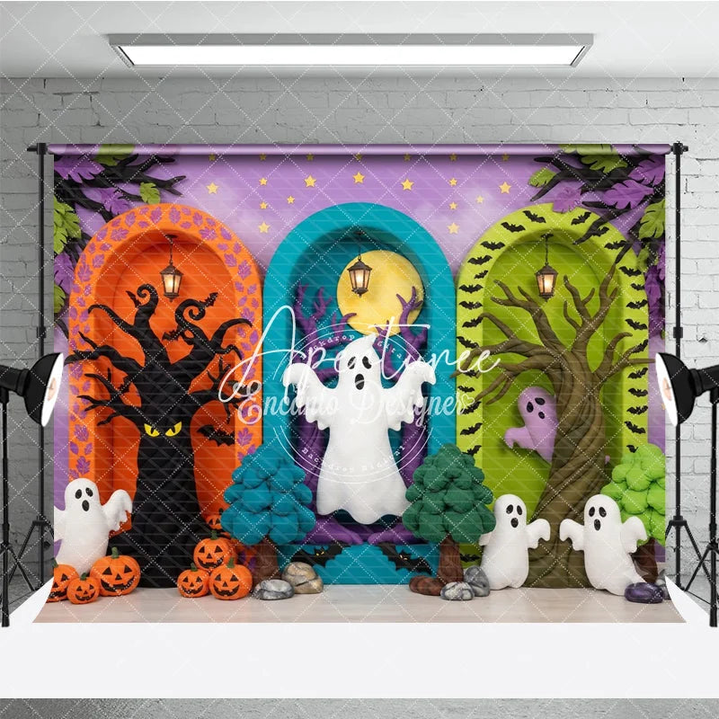 Aperturee - Aperturee Whimsical Halloween Ghosts and Pumpkins Photography Backdrop Spooky Trees and Arched Doorways Purple Starry Background
