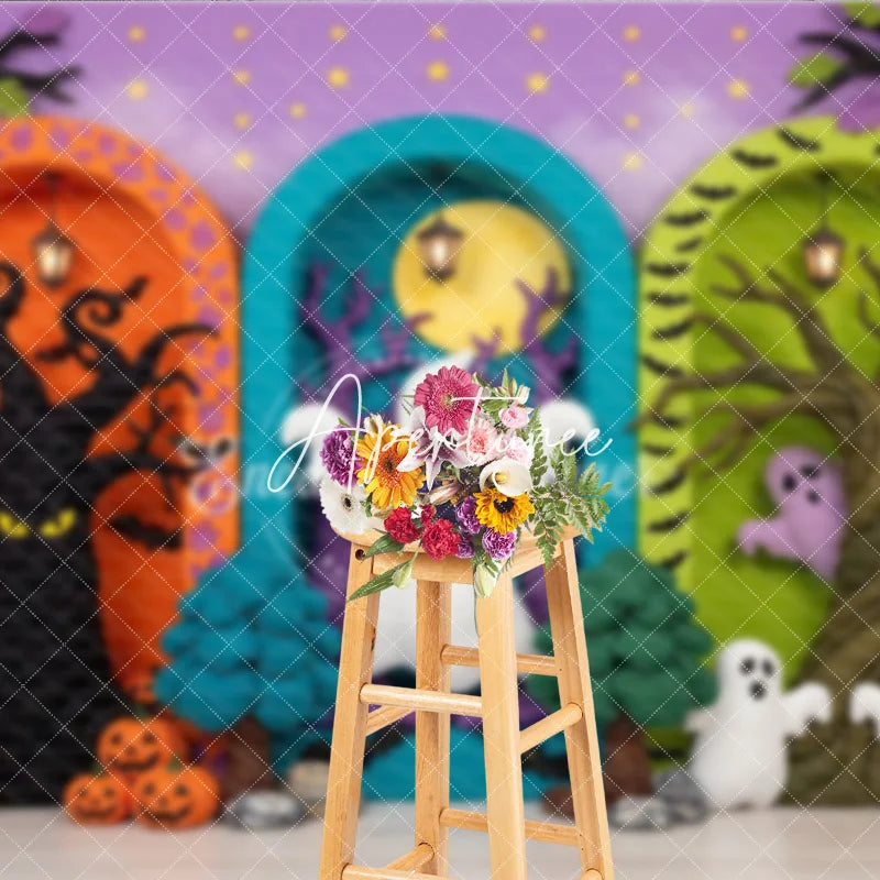Aperturee - Aperturee Whimsical Halloween Ghosts and Pumpkins Photography Backdrop Spooky Trees and Arched Doorways Purple Starry Background