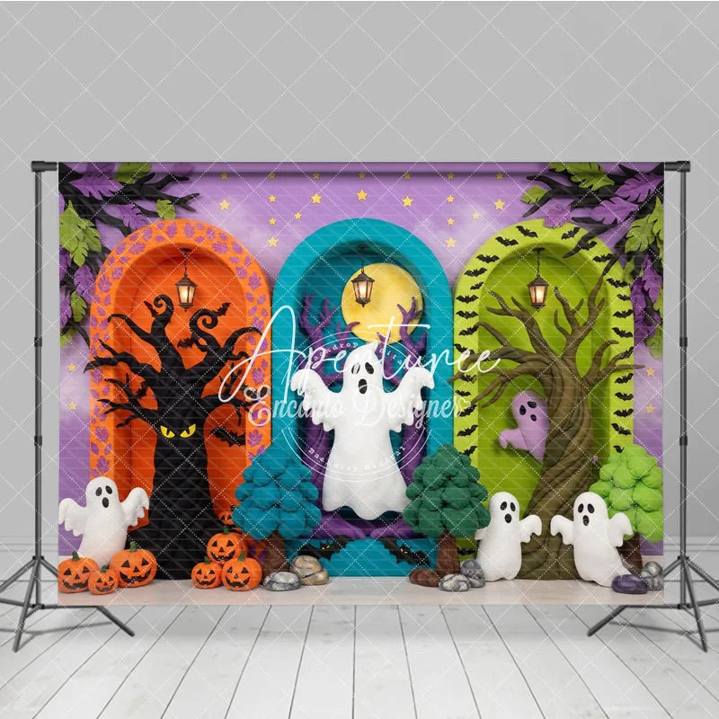 Aperturee - Aperturee Whimsical Halloween Ghosts and Pumpkins Photography Backdrop Spooky Trees and Arched Doorways Purple Starry Background