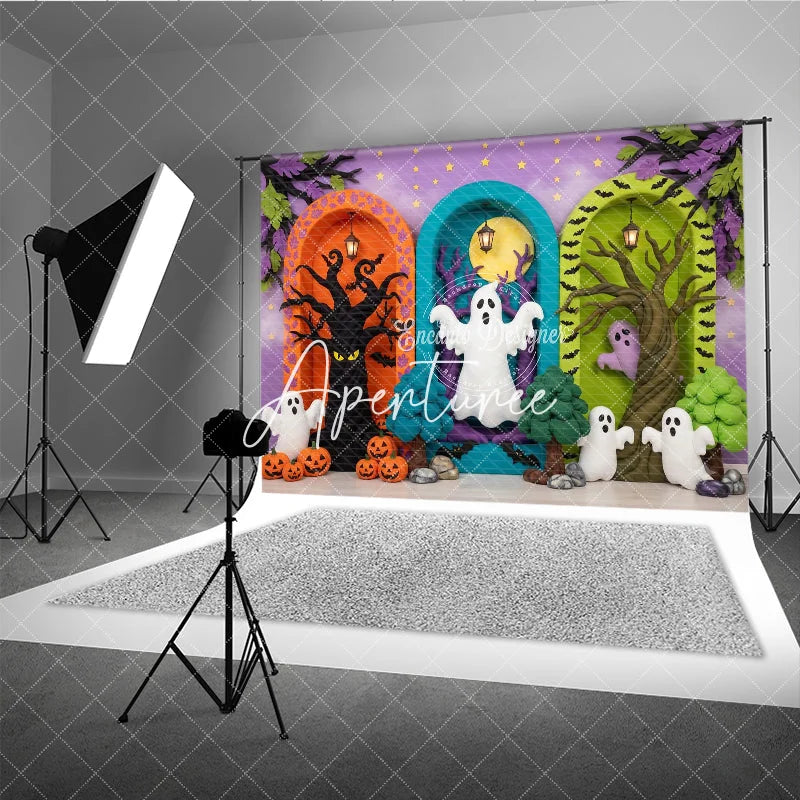 Aperturee - Aperturee Whimsical Halloween Ghosts and Pumpkins Photography Backdrop Spooky Trees and Arched Doorways Purple Starry Background