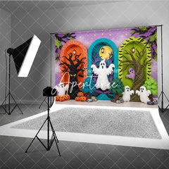 Aperturee - Aperturee Whimsical Halloween Ghosts and Pumpkins Photography Backdrop Spooky Trees and Arched Doorways Purple Starry Background