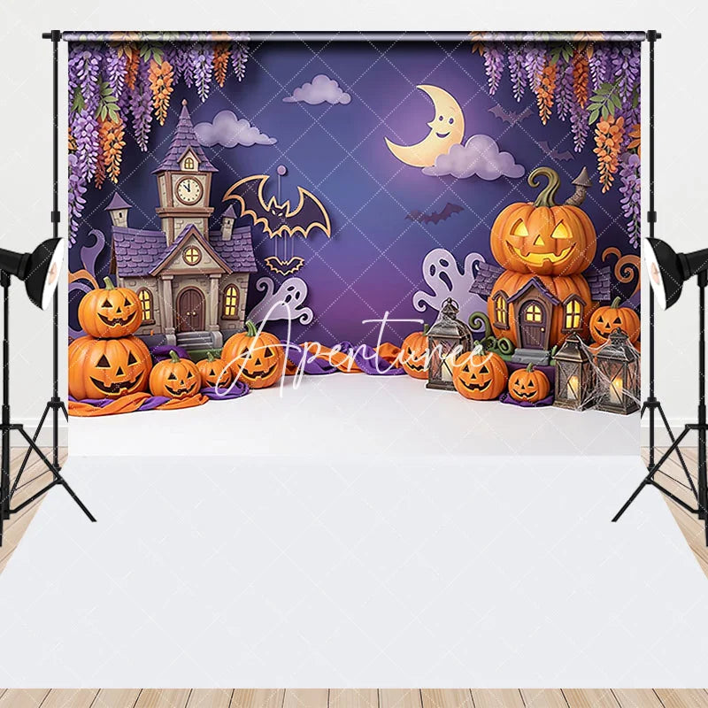 Aperturee - Aperturee Whimsical Halloween Haunted House and Pumpkin Combo Set Backdrop Spooky Moon Bat Ghost Party Decor