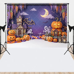 Aperturee - Aperturee Whimsical Halloween Haunted House and Pumpkin Combo Set Backdrop Spooky Moon Bat Ghost Party Decor