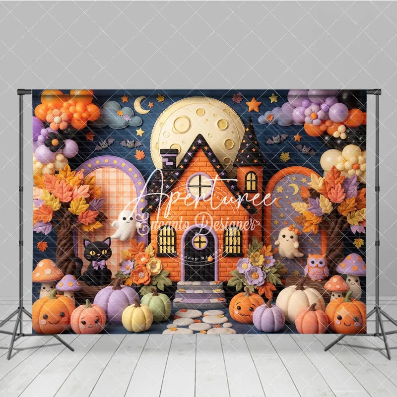 Aperturee - Aperturee Whimsical Halloween Haunted House Photography Backdrop Cute Ghosts and Pumpkins with Autumn Leaves for Kids Party